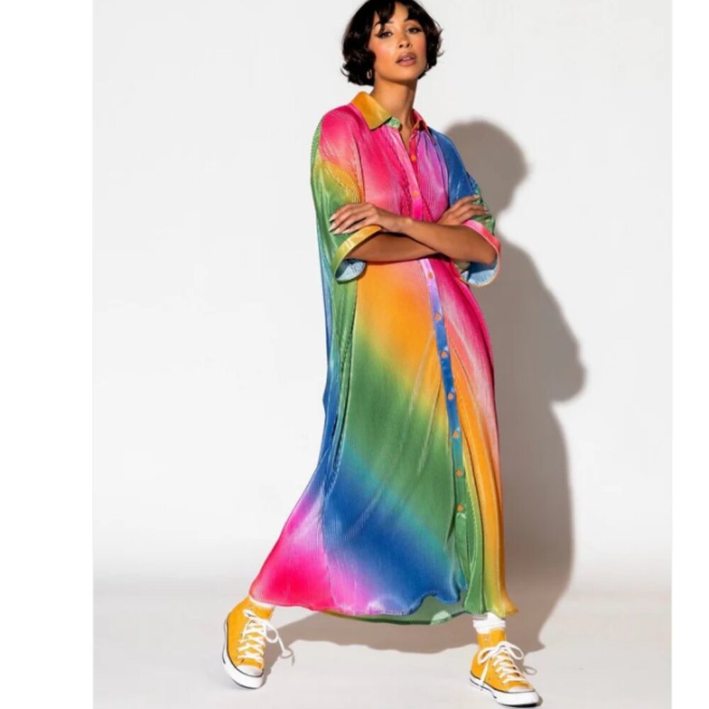 So Far So Good Oversized Plissé Dress in Prismatic Rainbow